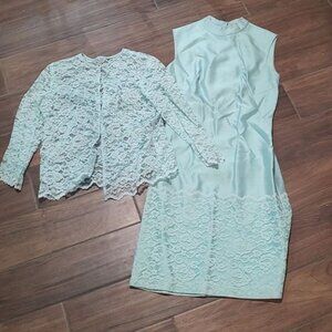 Vintage S lace blue sleeveless dress cardigan matching set